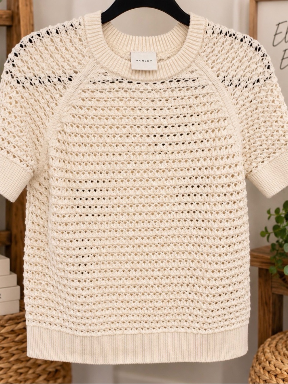 Varley Alva Knit Sweater Egret Open Crochet Short Sleeve Cotton Top Sz M